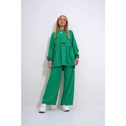 Trend Alaçatı Stili Women's Emerald Green Crew Neck Self-Belt Palazzo Trousers Tunic Suit