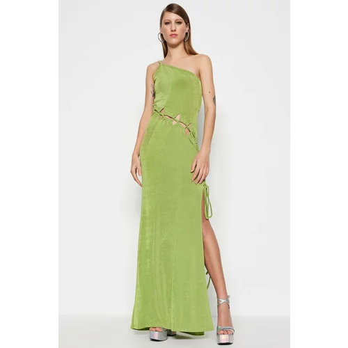 Trendyol Oil Green Knitted Window/Cut Out Detailed Long Evening Evening Dress