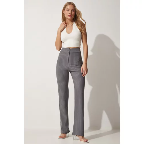 Happiness İstanbul Women's Gray High Waist Striped Trousers