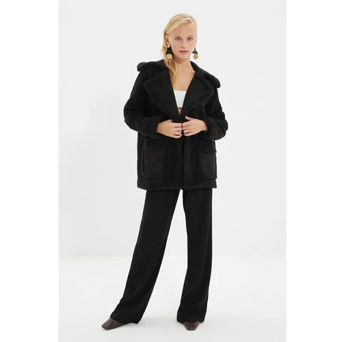 Trendyol Black Suede Detailed Buttoned Plush Coat