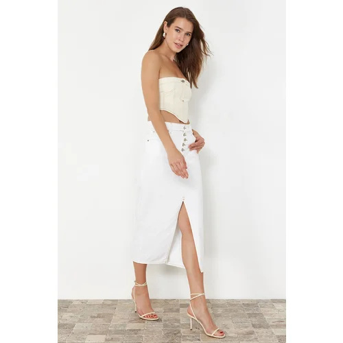 Trendyol White Front Buttoned Slit Midi Denim Skirt