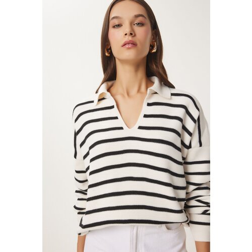  Women's Bone Polo Collar Crop Knitwear Sweater Cene