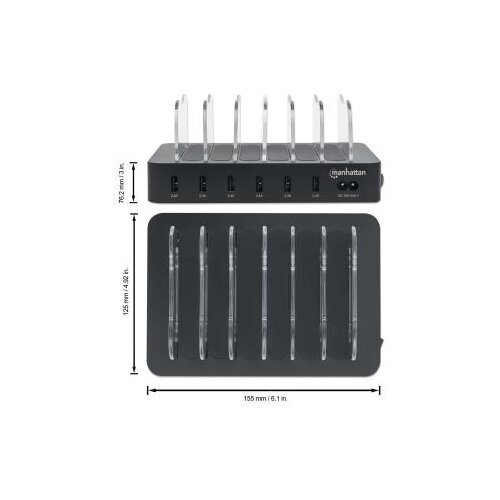 Manhattan 102254 5V/2.4V/50W/držač za telefon Crni USB punjač 6-port Slike