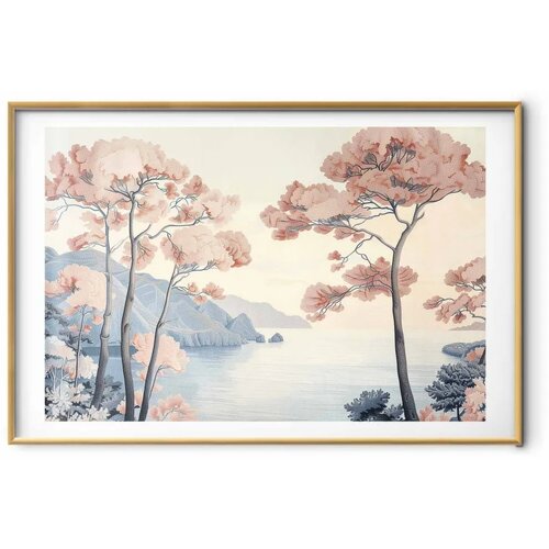  Plakat - Ocean Cliffs and Trees Delicate Motif in Pastel Colors 90x60 Zlatni okvir s margom Slike