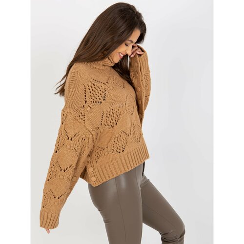 Fashion Hunters Camel openwork turtleneck sweater with wide sleeves Slike