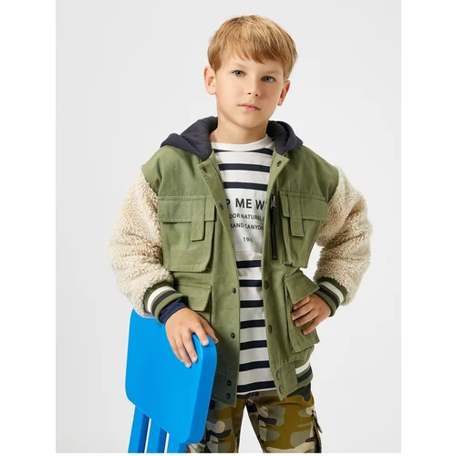 Koton Hooded Jacket with Plush and Zipper Detail, Cargo Pocket, Cuffs and Elastic Waist