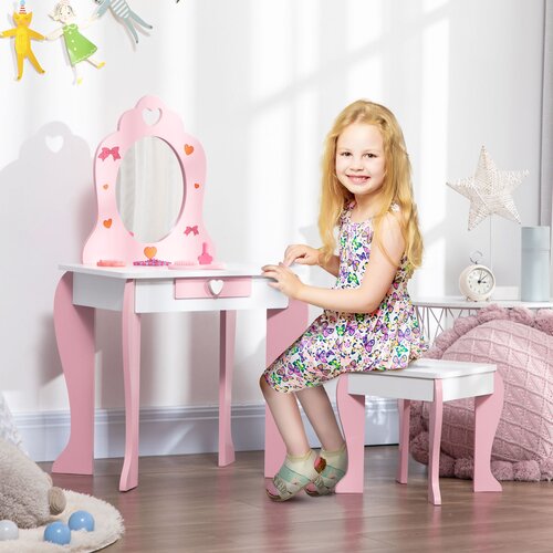 ZONEKIZ Lesena MDF mizica za ličenje s stolčkom, ogledalom in predalom za otroke od 3 do 6 let, bela in roza, (20752829) Cene