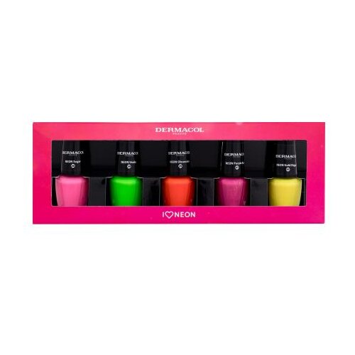 Dermacol Neon Nail Polish Set Set lak za nohte Neon Sugar 26 5 ml + lak za nohte Neon Verde 39 5 ml + lak za nohte Neon Obsession 29 5 ml + lak za nohte Neon Purple Rain 41 5 ml + lak za nohte Neon Gold Digger 43 5 ml Cene