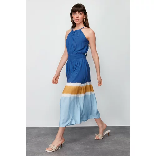 Trendyol Ecru-Blue A-Line Viscose Woven Dress with Gipe Detail at the Waist