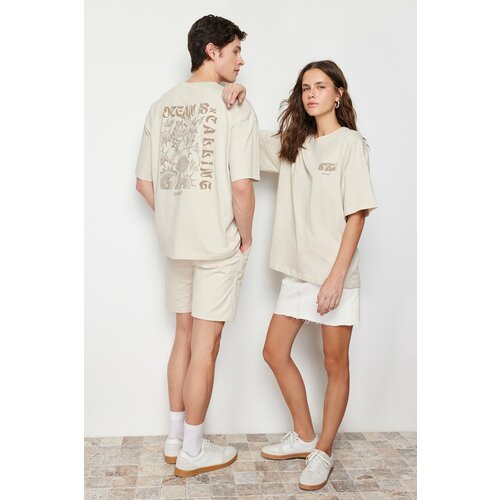 Trendyol Men's Beige Oversize/Wide Fit Back Fluffy Text Printed 100% Cotton T-shirt Slike