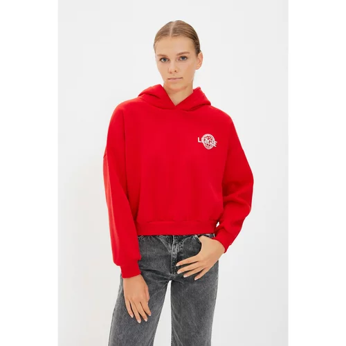 Trendyol Red Back Print Detail Hooded Crop Knitted Raised Sweatshirt
