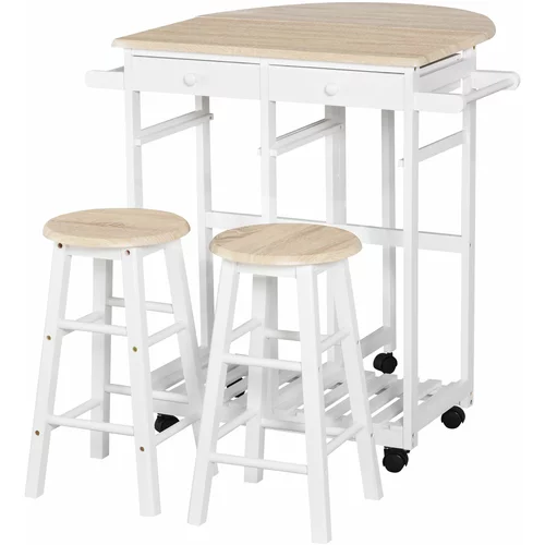 HOMCOM zložljiv in prostorsko varčen kuhinjski voziček z 2 stoloma, 2 predaloma, 5 kolesi (vrtenje za 360°), beli les MDF, (20745499)