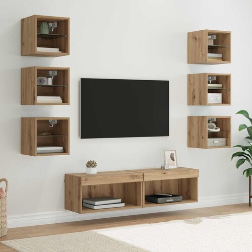 VidaXL TV omarica z LED lučmi s predalom 8 pcs Umetni hrast Steklo Slike