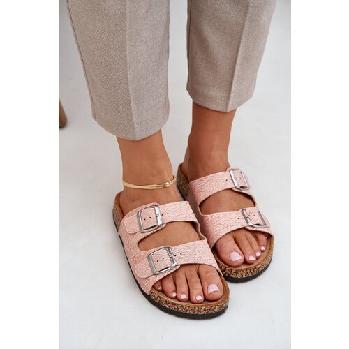 PE1 Fabric Slippers On Cork Sole With Buckles Pink Atera Slike