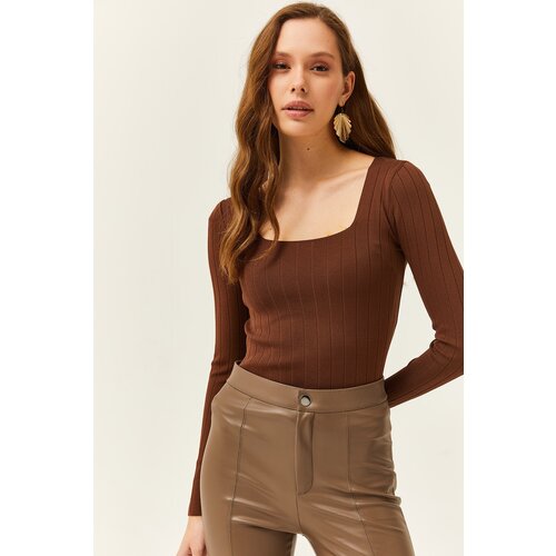 Olalook Women's Bitter Brown Square Neck Thick Ribbed Knitwear Blouse Slike