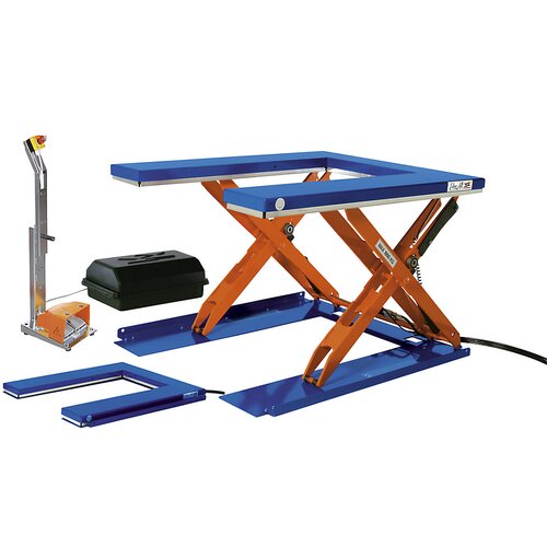 Edmolift Dvižna miza ploske oblike, DxŠ 1350 x 1080 mm, dvig do 900 mm, plošča v obliki črke U, 230 V, z nožnim upravljalnim elementom Cene