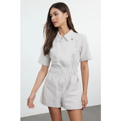 Trendyol Stone Shirt Collar Waist Gabar Detailed Gabardine Mini Jumpsuit