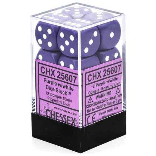 Chessex kockice - opaque - purple & white - dice block (12) 16mm Cene