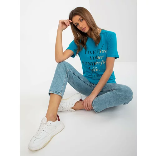 Fashion Hunters Women's blue cotton T-shirt with inscriptions