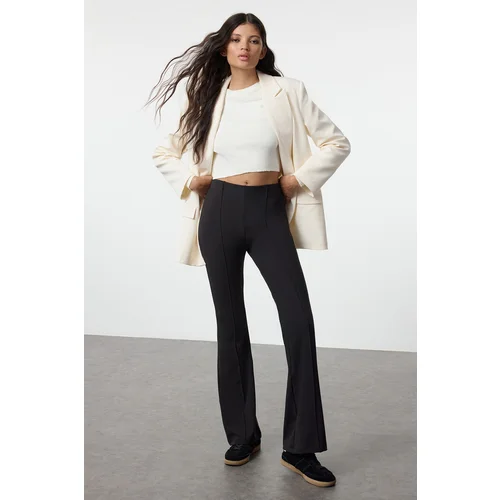 Trendyol Black Ribbed Detail High Waist Flare Soft Touch Trousers