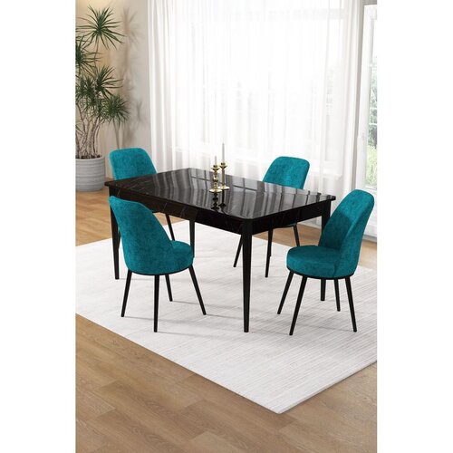 Hanah home trpezarijski set Pir, sto i 4 stolice, ploča u dekoru crnog mermera, tirkizna tkanina Babyface Cene