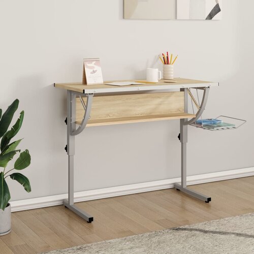 VidaXL Radni stol boja hrasta i siva 110 x 53 x(58-87) cm drvo i čelik Slike