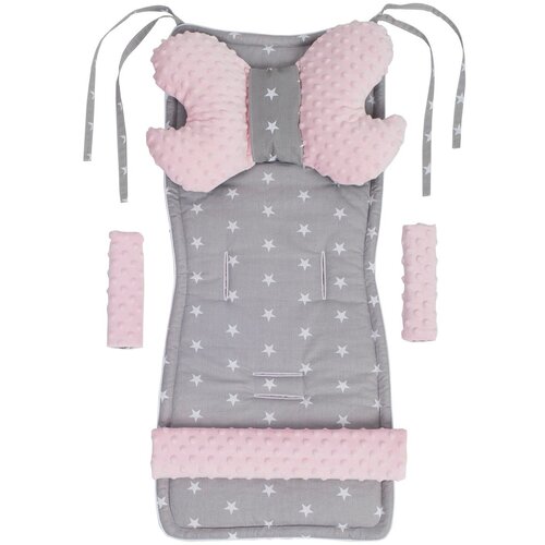 Medi Partners Stroller insert in a 4-piece set - White stars on gray + light pink minky Slike