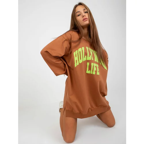 Fashion Hunters Light brown and green long sweatshirt with an inscription