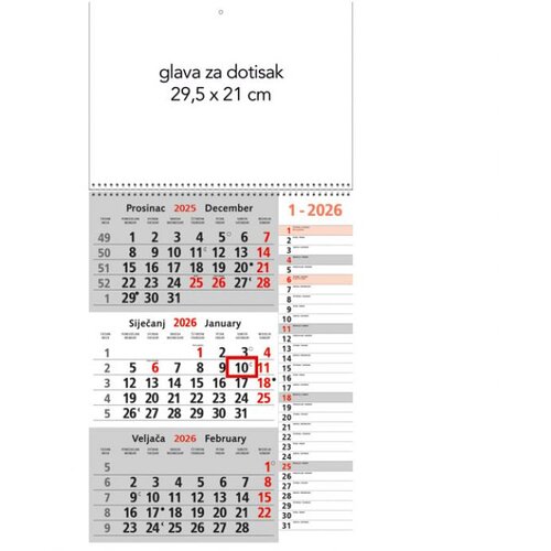  KALENDAR ZIDNI TRODIJELNI 2026. MEMO SA SPIRALOM * DO ISTEKA ZALIHA Cene