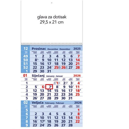  KALENDAR ZIDNI TRODIJELNI 2026. SA SPIRALOM PLAVI * DO ISTEKA ZALIHA Cene