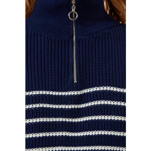  Women's Navy Blue White Zippered Stand Up Collar Striped Oversize Sweater Cene