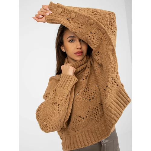 Fashion Hunters Camel openwork turtleneck sweater with wide sleeves