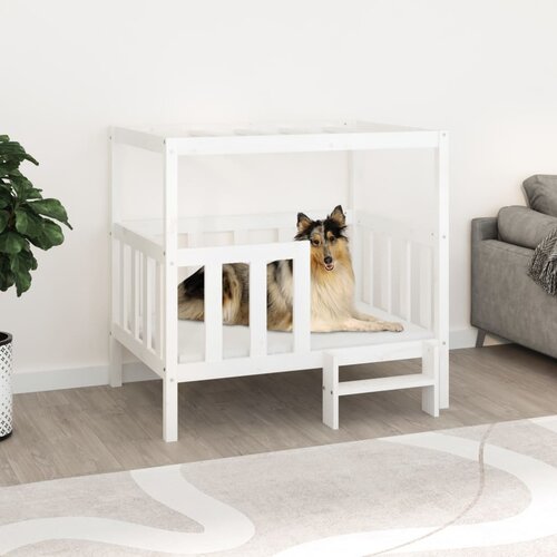 VidaXL Krevet za pse bijeli 105,5x83,5x100 cm od masivne borovine Slike