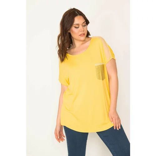 Şans Women's Plus Size Yellow Shoulders Tulle And Ornament Pocket Stone Detailed Low Sleeve Viscose Blouse