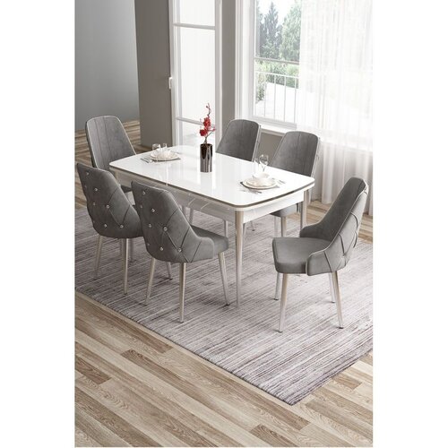 Hanah home trpezarijski set Tia, sto i 6 stolica, bela ploča, hromirane noge, siva tkanina Babyface Cene
