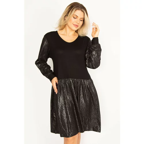 Şans Women's Plus Size Black Lacquer Detail Viscose Dress with Skirt and Sleeves
