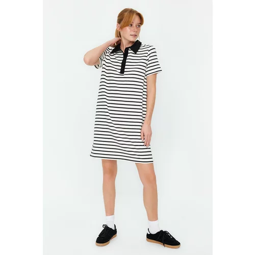Trendyol Black and White Striped Polo Neck A-Line/A-Line Form Knitted Mini Dress