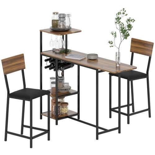 Nesta 3-delni barski set, rjava, zložljiva barska miza z 2 barskima stoloma, držalom za kozarce za vino, stojalom za vino in odlagalno polico, jekleni okv, (5000493621) Cene