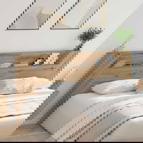 VidaXL Posteljna glava s polico Umetni hrast 120 x 15 x 103.5 cm Slike