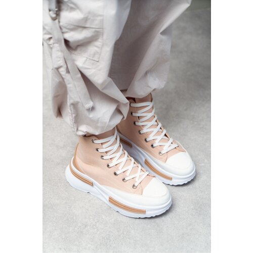 NİŞANTAŞI SHOES Rosetta Beige Linen Ankle High Thick Sole Women's Lace-up Sneakers Cene