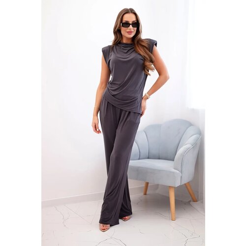 Kesi Włoski Elegant women&amp;#039;s set with wide trousers and a ruffled blouse Graphite Slike