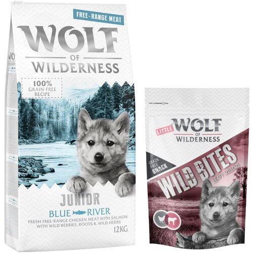 Wolf of Wilderness 12 kg suhe hrane + Snack gratis! - Junior &amp;quot;Blue River&amp;quot; - pi&amp;scaron;čanec proste reje in losos + Leafy Willows - teletina &amp;amp; pi&amp;scaron;čanec Slike