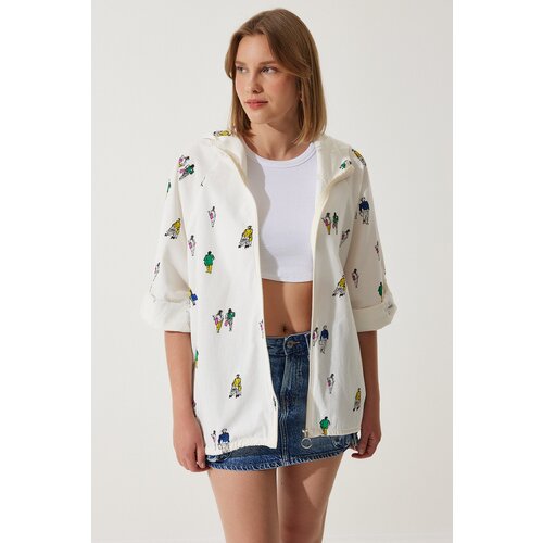  Women&amp;#039;s Ecru Printed Hooded Raw Linen Jacket Slike