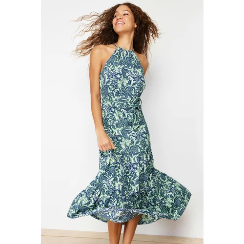 Trendyol Green Printed Skater/Waist Halter Neck Ribbed Stretchy Knitted Maxi Dress