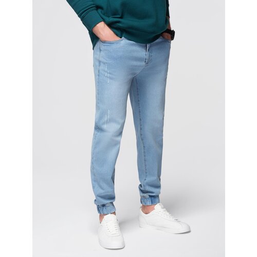 Ombre Men&amp;#039;s denim joggers with asymmetrical stitching - blue Slike