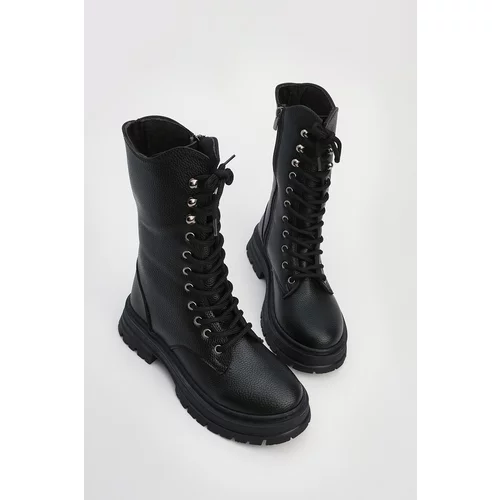 Marjin Women's Lace-up Zippered Thick Sole Ankle Boots Yenles Black.