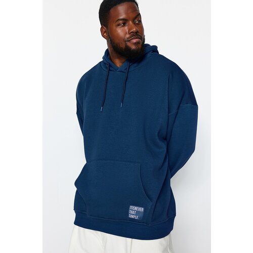 Trendyol Indigo Men's Plus Size Basic Comfortable Hoodie with Labeled Fleece Internal Cotton Sweatshirt. Slike
