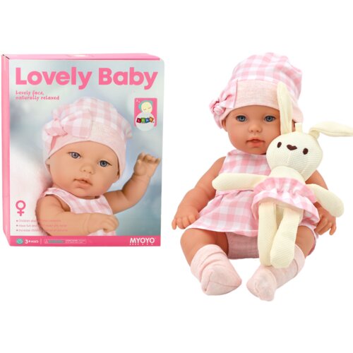  Lutka beba u nosiljci + zečić u ružičastoj kariranoj odjeći - Cijene