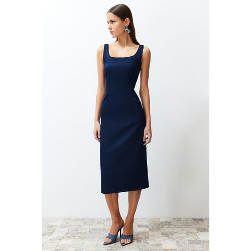 Trendyol dark blue stitching detailed denim midi dress Cene