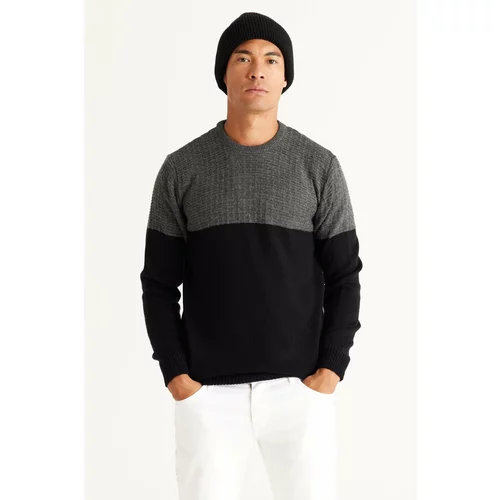AC&Co / Altınyıldız Classics Men's Anthracite-black Standard Fit Normal Cut Crew Neck Colorblok Patterned Knitwear Sweater.